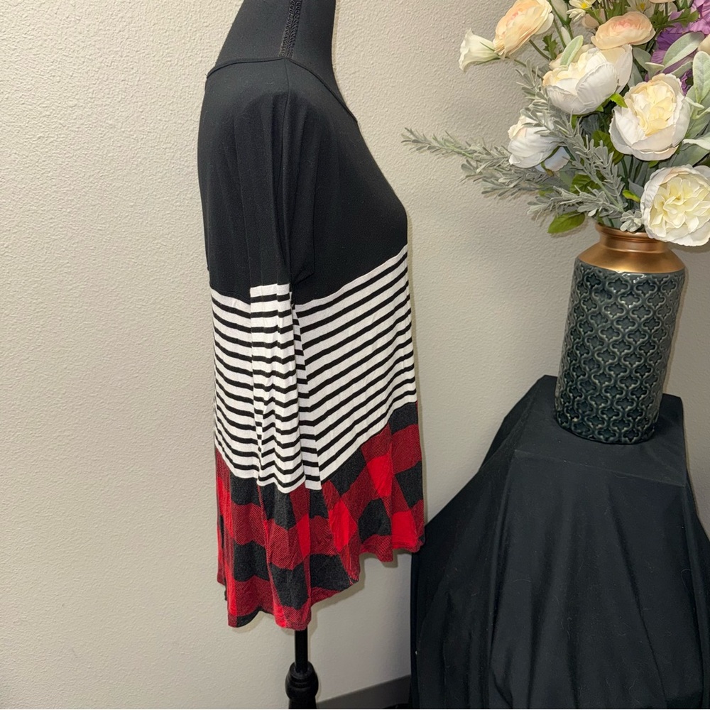Zenana L Colorblock Stripe Plaid Tunic Top Black Red Long Sleeve - Picture 4 of 8